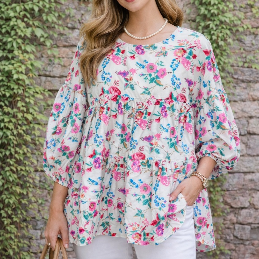 LUNAR FOX White Floral Tiered Babydoll Blouse, 12